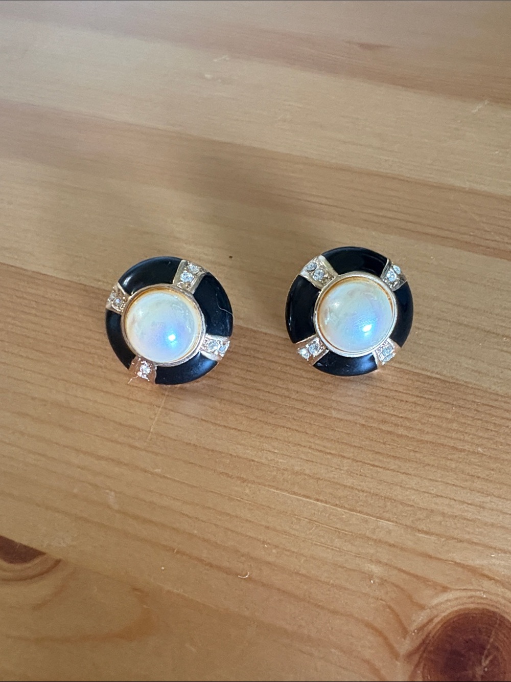 Gold-Tone Black and White Cabochon Stud Earrings